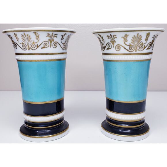 Vintage MOTTAHEDEH DESIGN Pair of 5 1/2" Vases Black Aqua & Gold - Picture 5 of 14